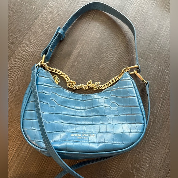 Anna Paola Leather Croc Embossed Blue Italian Designer Shoulder Purse